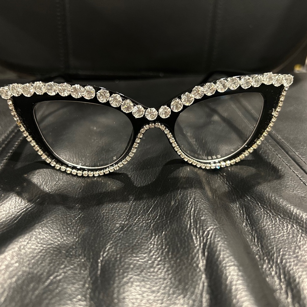 Elegant Black Rhinestone Cat-Eye Glasses Clear Lens Ready to wear . NWOT